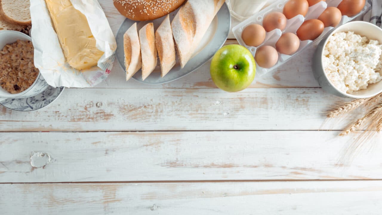 Assorted groceries including dairy eggs and bread
