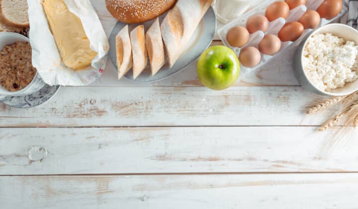 Assorted groceries including dairy eggs and bread