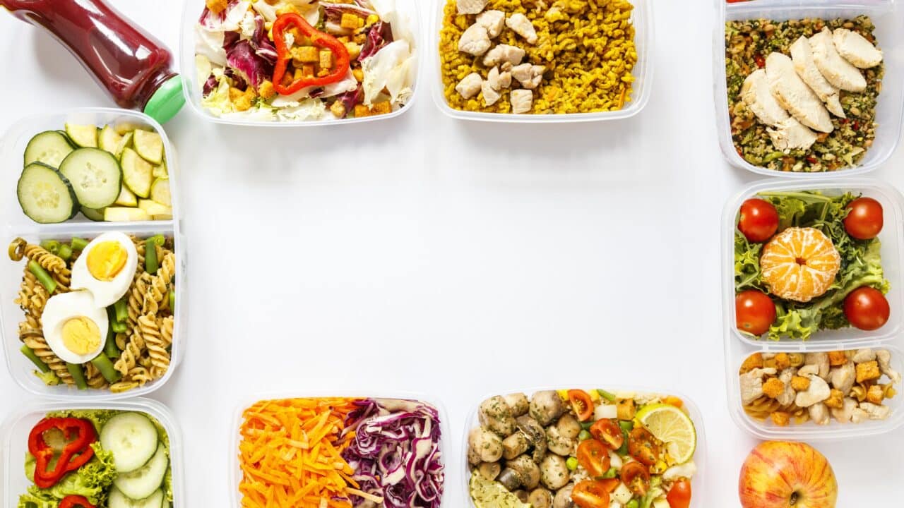 Flat-lay of batch-cooked meal prep containers arranged for the week