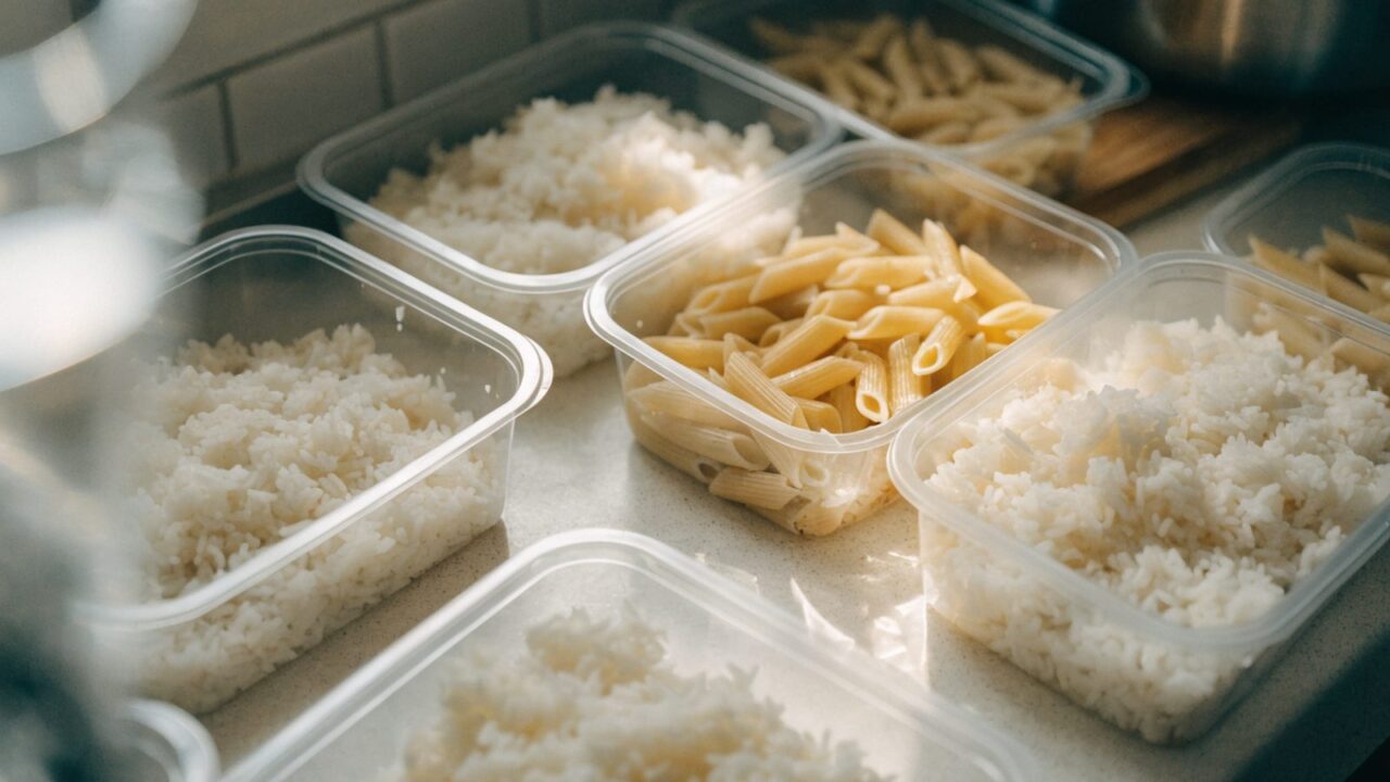 Cooked rice and pasta portioned into containers ready for the fridge
