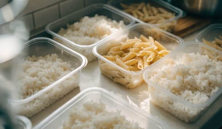 Cooked rice and pasta portioned into containers ready for the fridge