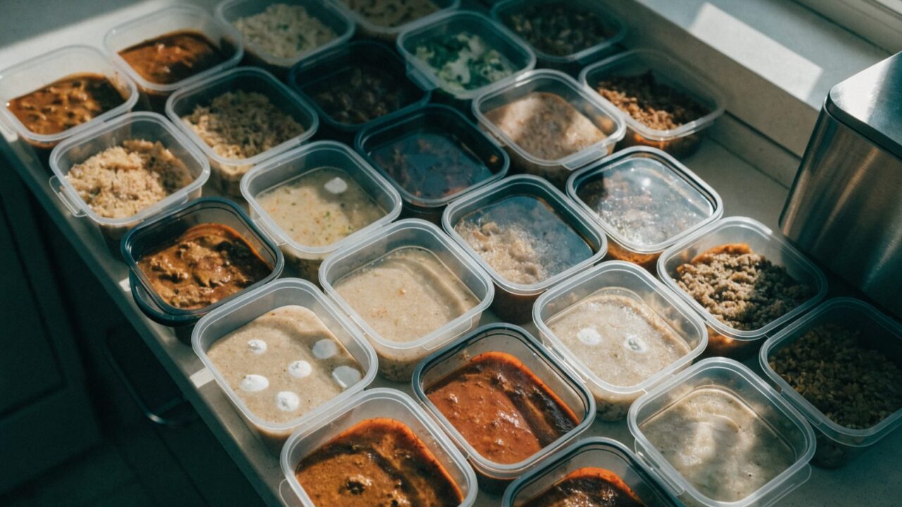 Batch cooking meal prep containers ready to freeze, top-down view