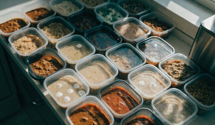 Batch cooking meal prep containers ready to freeze, top-down view