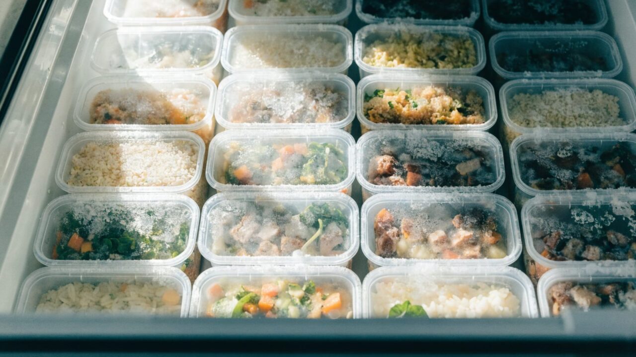 Meal prep containers with pre-cooked meals organized in the freezer