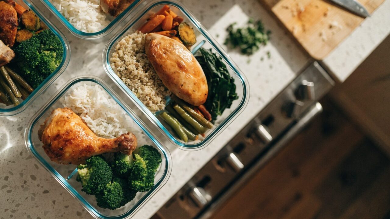 Batch cooking : plats préparés à l'avance dans des contenants, vue de dessus