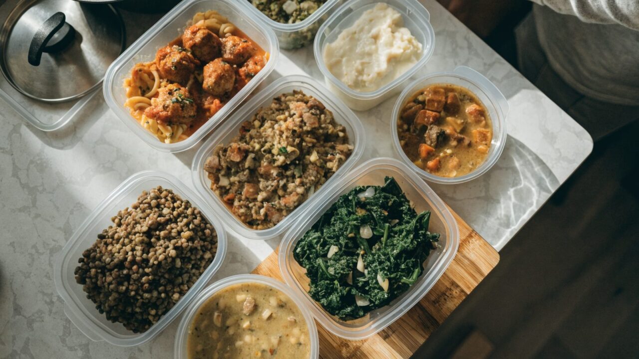 Individual pre-cooked meal portions in labeled freezer containers prepared before a baby's arrival