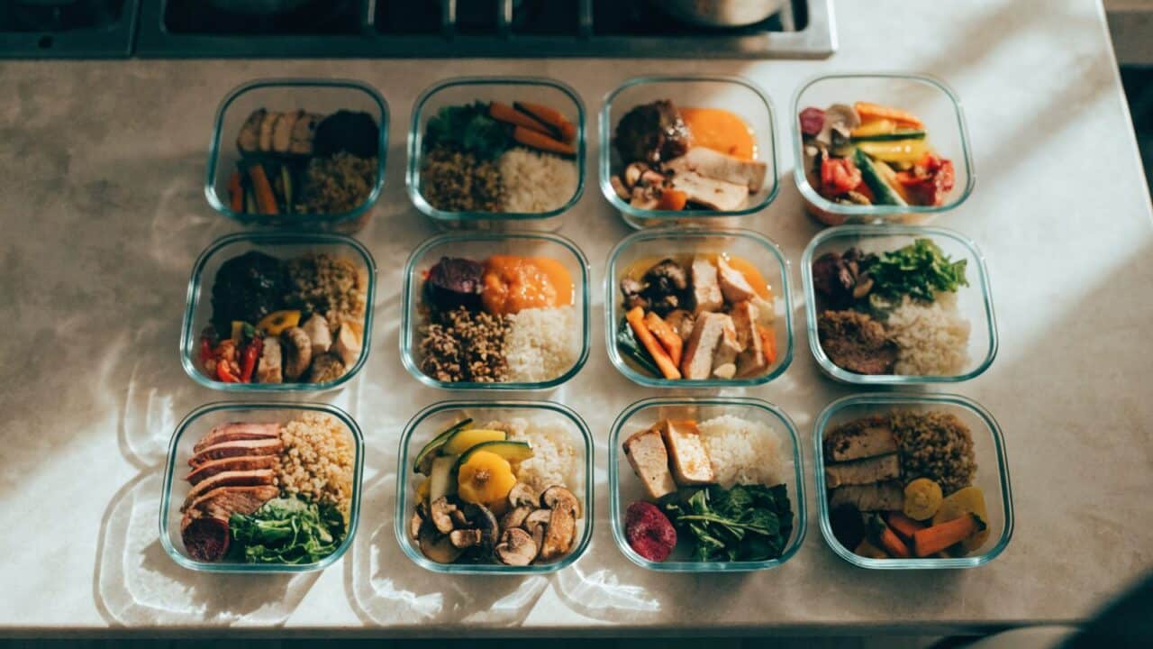Batch cooking session with meal-prep containers arranged in a grid, overhead view