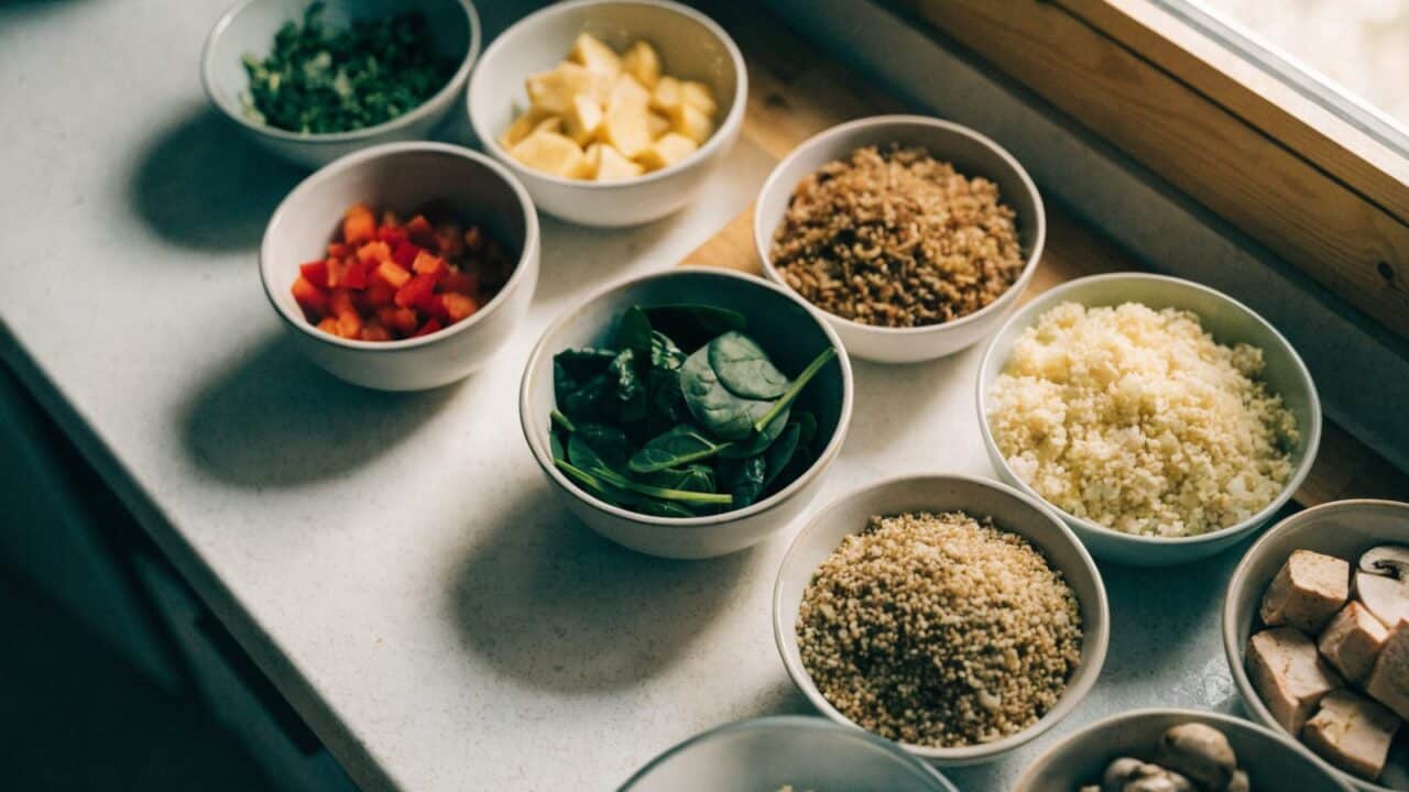 Ingredientes repartidos en varios cuencos para cocinar batch cooking por niveles