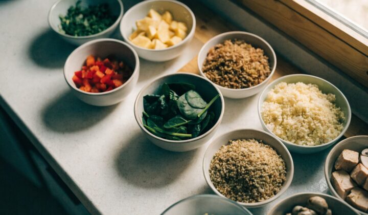 Ingredientes repartidos en varios cuencos para cocinar batch cooking por niveles
