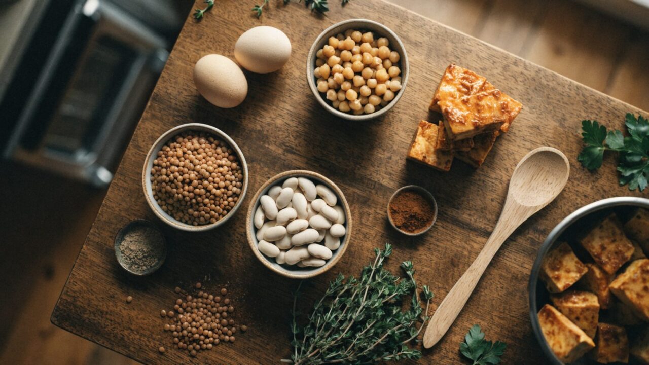 Variedad de legumbres, tofu y huevos cocidos para batch cooking vegetariano
