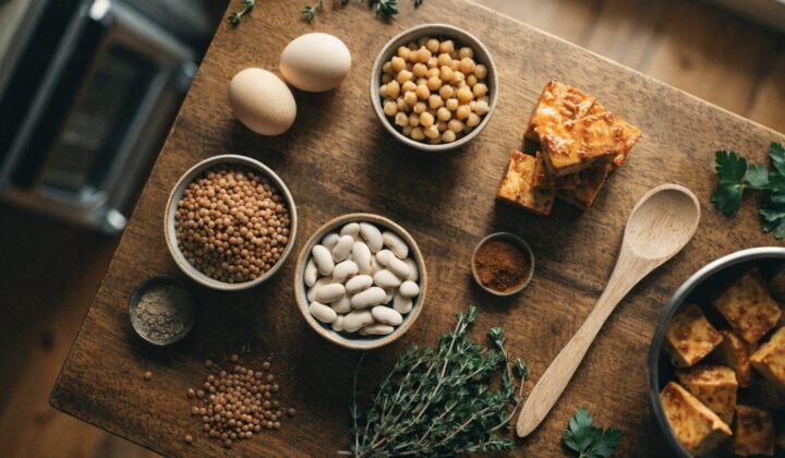 Variedad de legumbres, tofu y huevos cocidos para batch cooking vegetariano