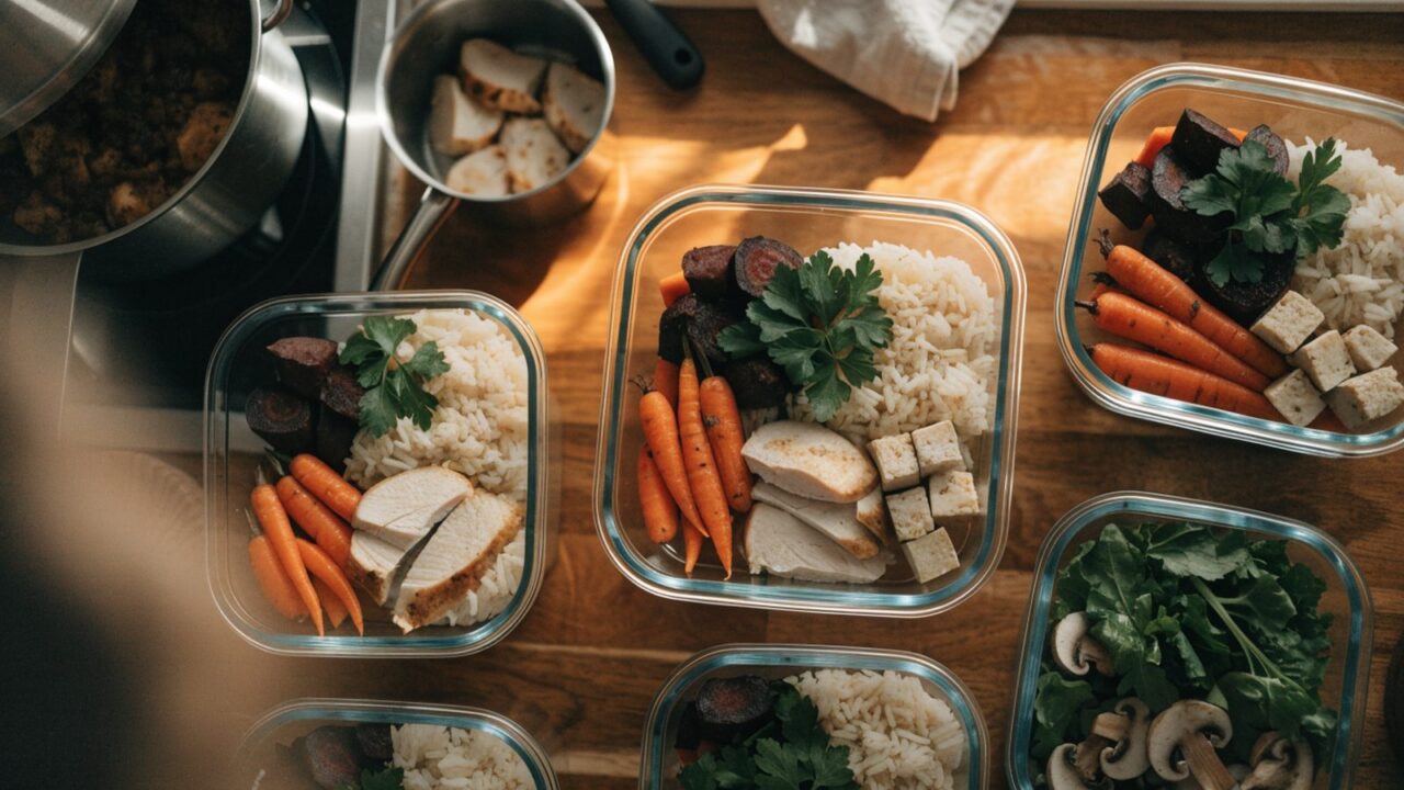 Weekly batch cooking meals prepared in airtight containers