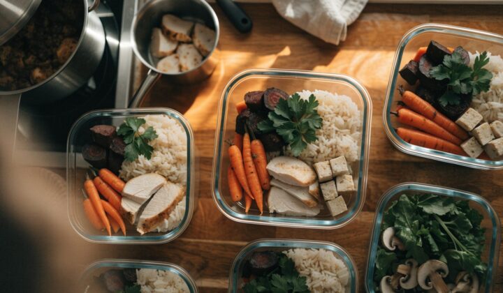 Weekly batch cooking meals prepared in airtight containers