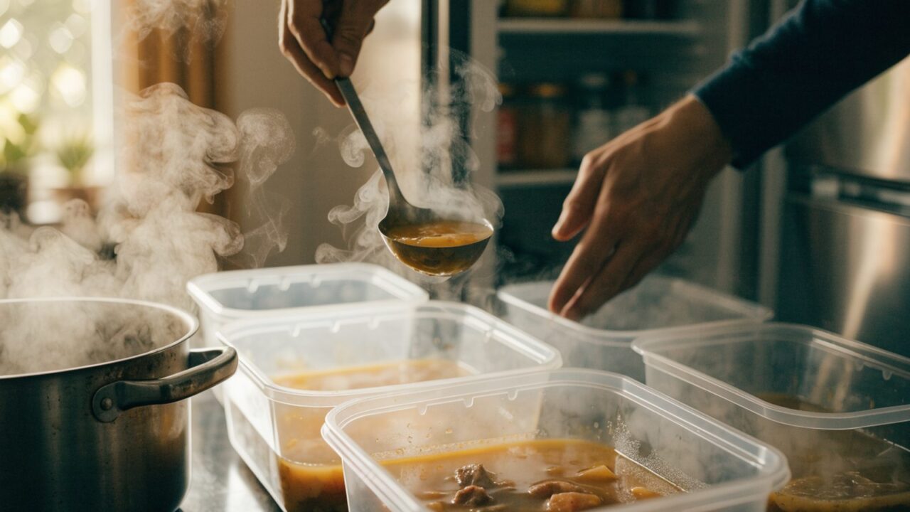 Olla de comida caliente en recipientes bajos junto a la nevera abierta para enfriar rapido