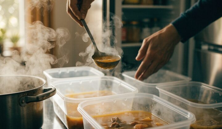Olla de comida caliente en recipientes bajos junto a la nevera abierta para enfriar rapido