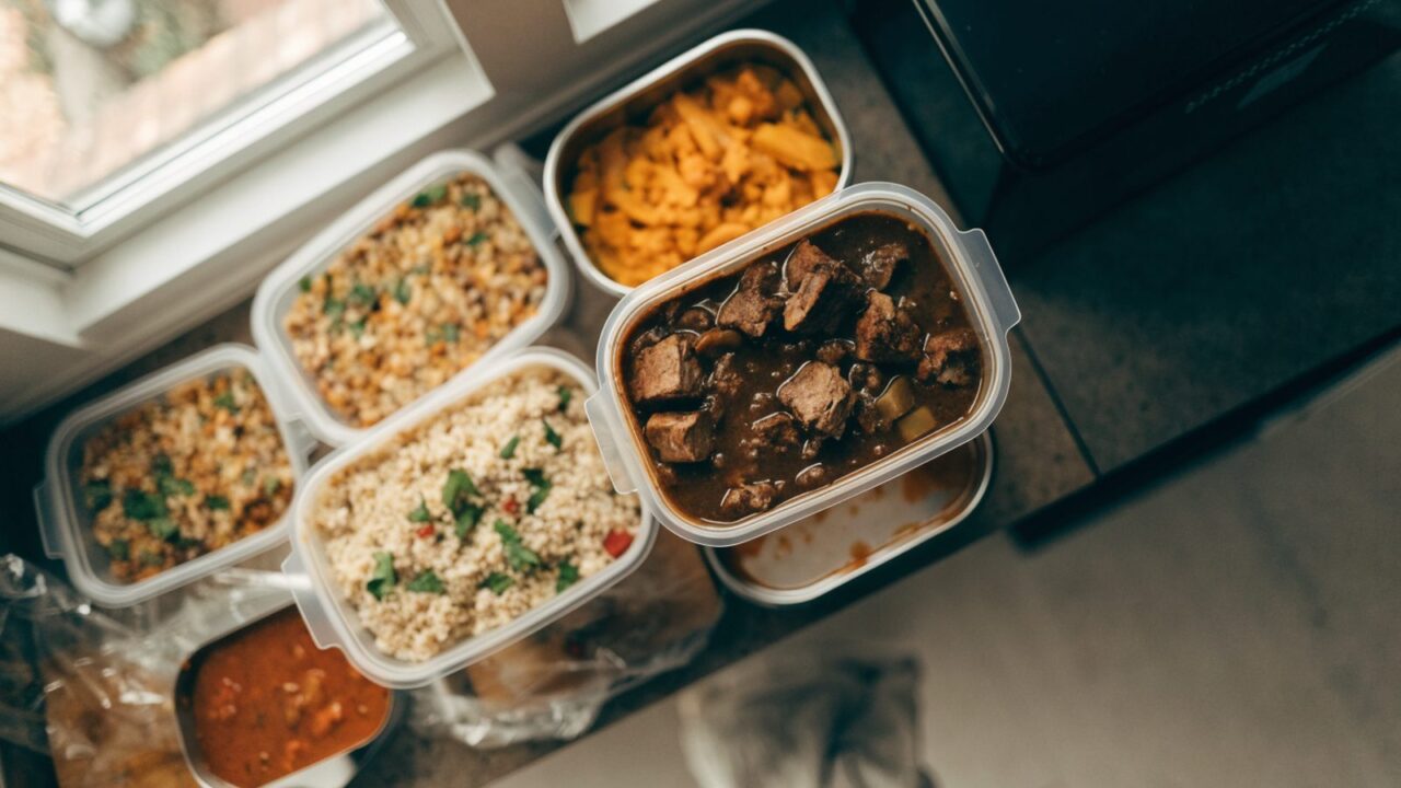 Meal prep containers filled with food, ready to freeze, top-down view