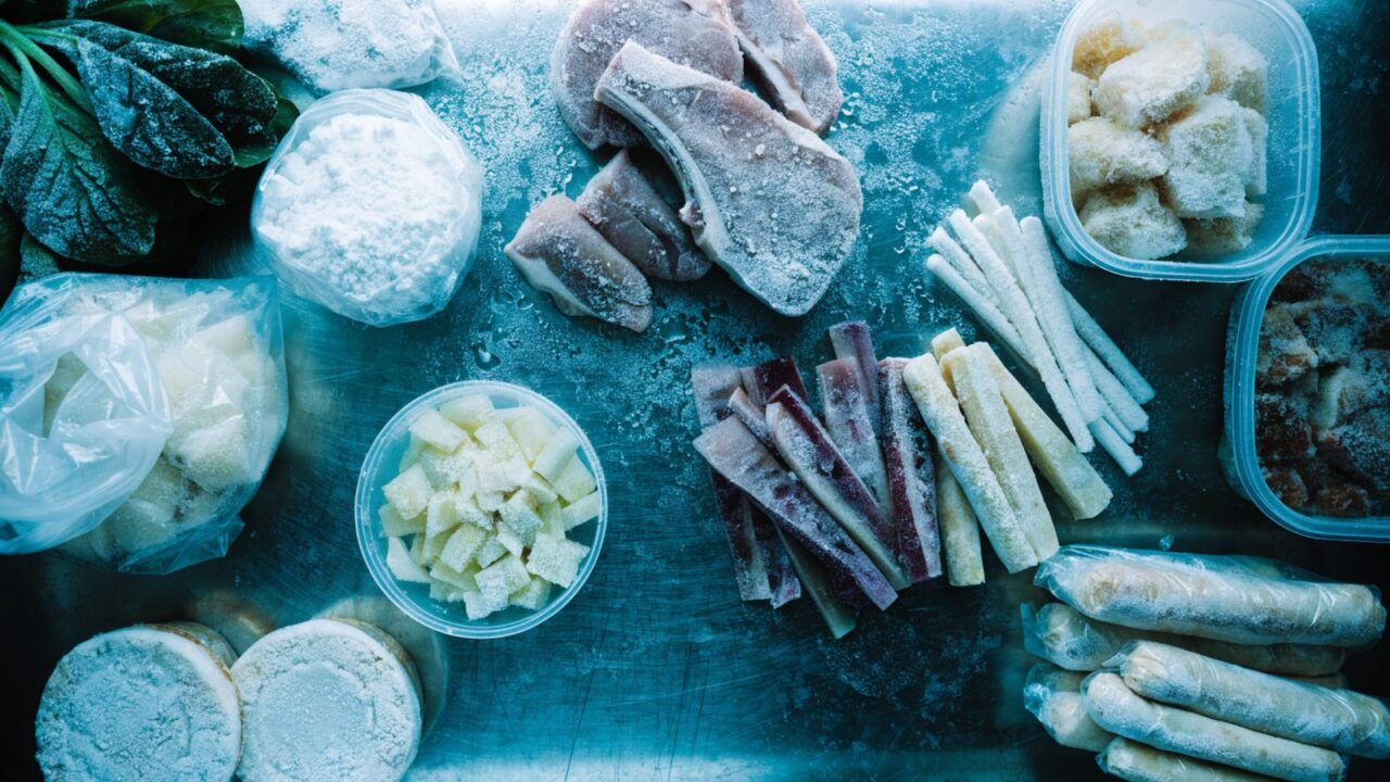 Assorted frozen foods arranged in a flat lay, viewed from above