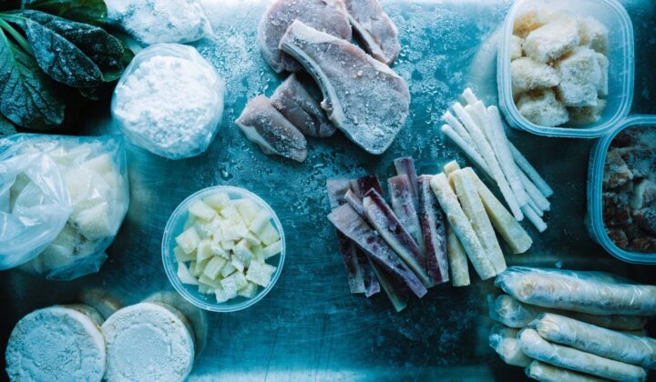 Assorted frozen foods arranged in a flat lay, viewed from above