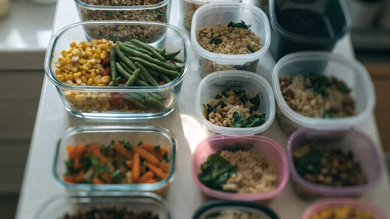 Glass and plastic meal-prep containers with prepared food, top-down view