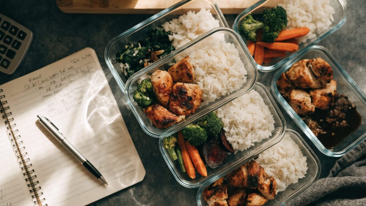Meal prep containers with portioned food next to a notebook and calculator for tracking cost per meal