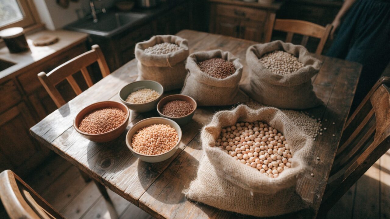 Dried legumes, chickpeas, and lentils on a wooden table for a traditional weekly grandmother-style menu