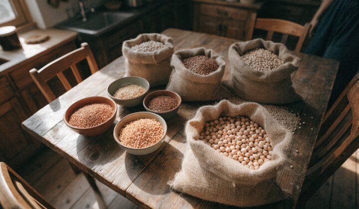 Dried legumes, chickpeas, and lentils on a wooden table for a traditional weekly grandmother-style menu