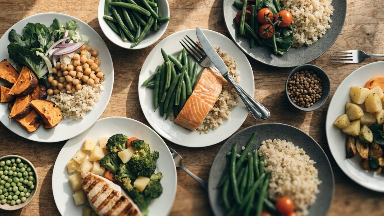 Platos de una semana con menu equilibrado: verdura, proteina y cereal en cada plato