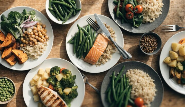 Platos de una semana con menu equilibrado: verdura, proteina y cereal en cada plato
