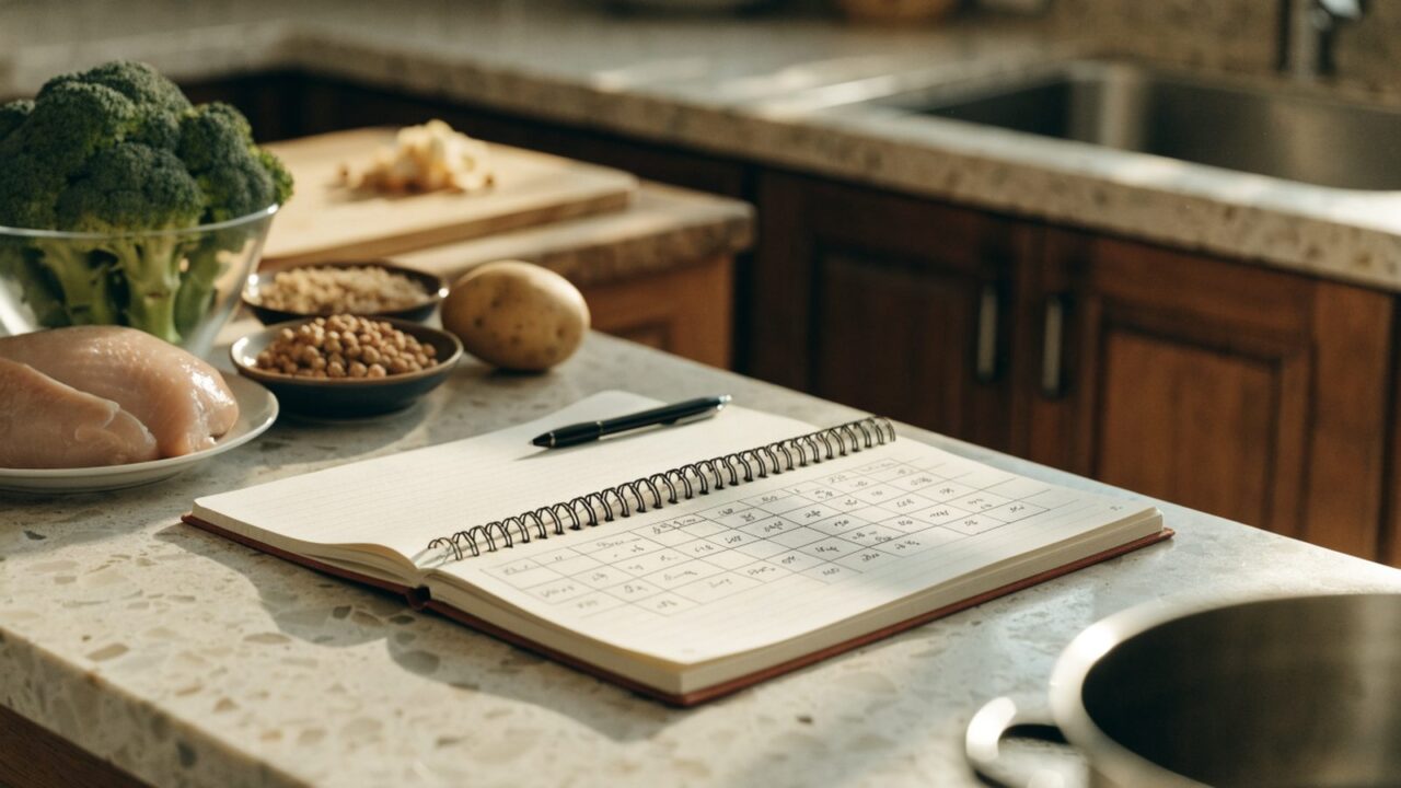 Weekly meal plan notebook with fresh ingredients for healthy meal planning