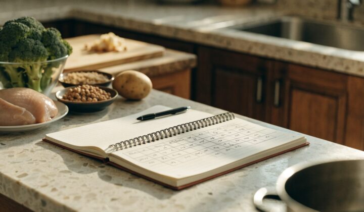 Weekly meal plan notebook with fresh ingredients for healthy meal planning