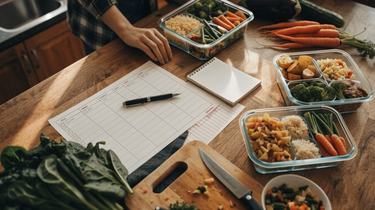 Weekly family meal plan and prepped meal containers on a kitchen table