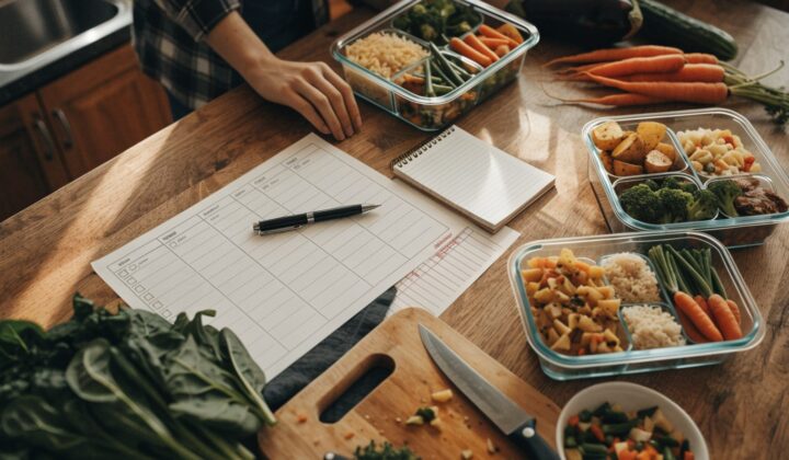 Weekly family meal plan and prepped meal containers on a kitchen table