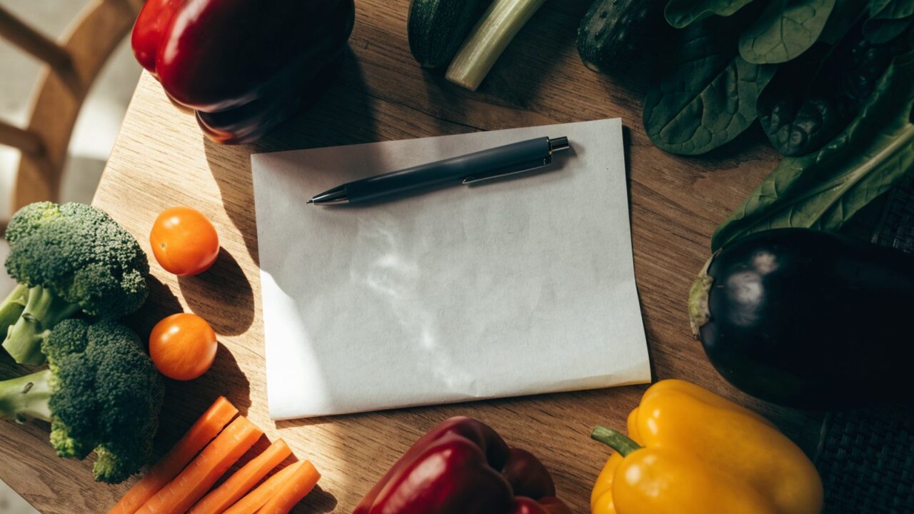 Weekly meal plan sheet with fresh vegetables seen from above