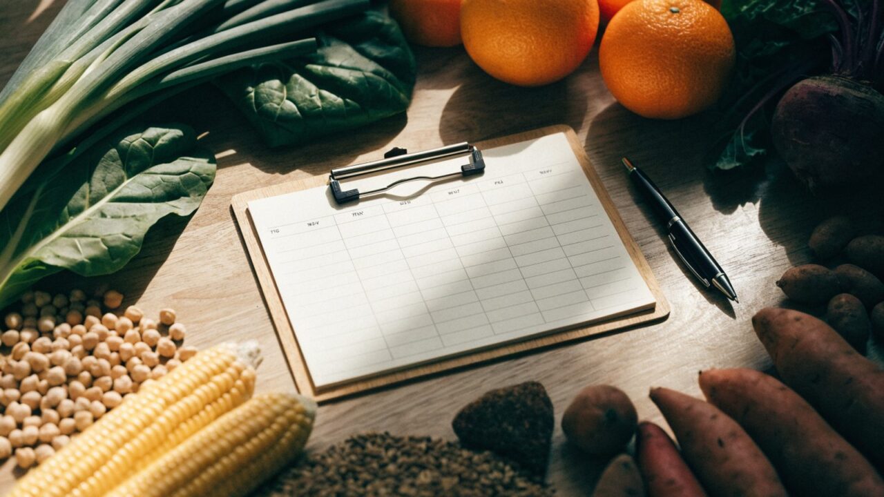 Weekly meal plan on a clipboard surrounded by fresh food, overhead flat lay view