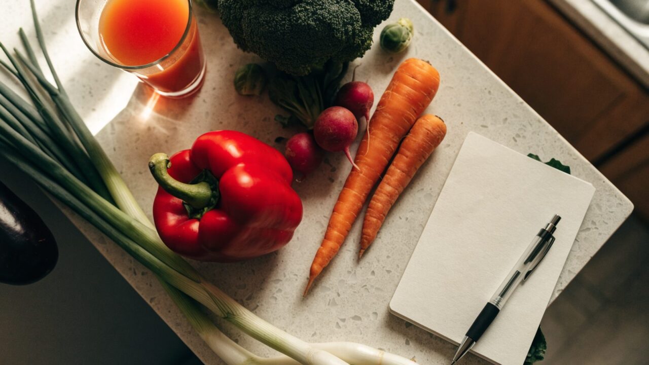 Blank weekly menu template notepad with a pen next to fresh vegetables and a glass of juice