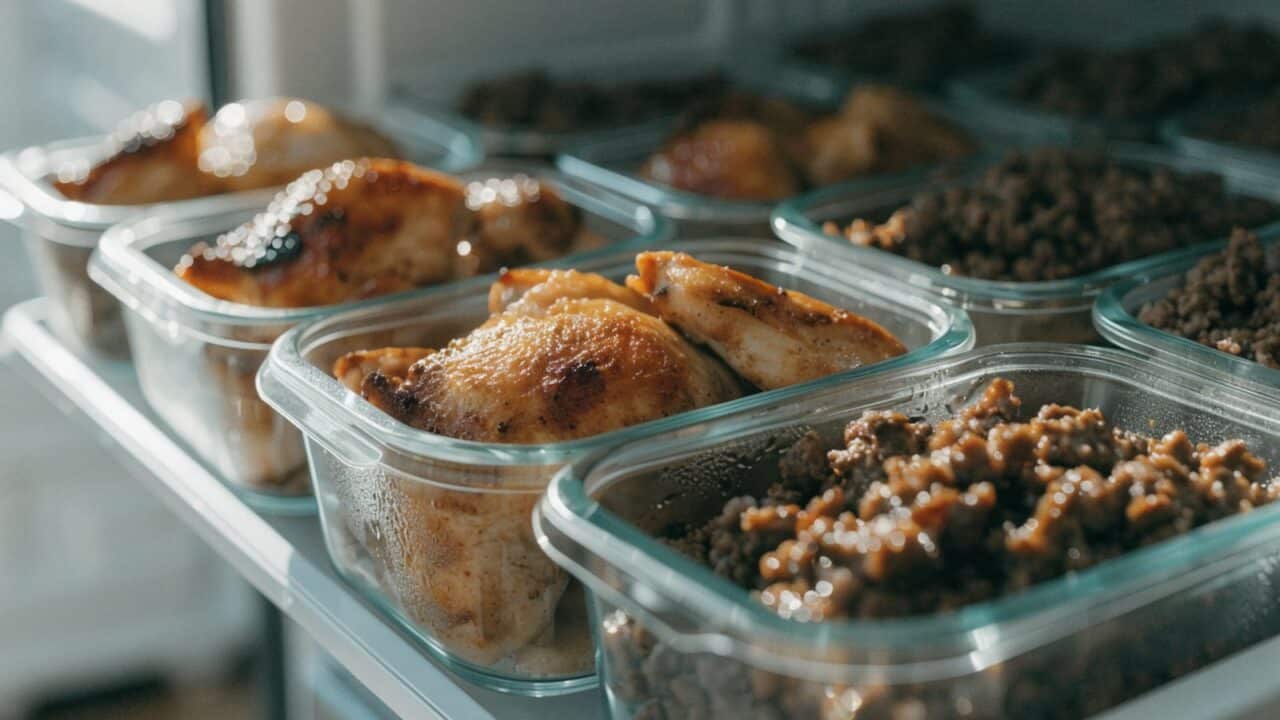 Pollo asado y carne picada cocinados guardados en recipientes de vidrio dentro de la nevera