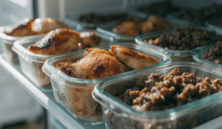 Pollo asado y carne picada cocinados guardados en recipientes de vidrio dentro de la nevera