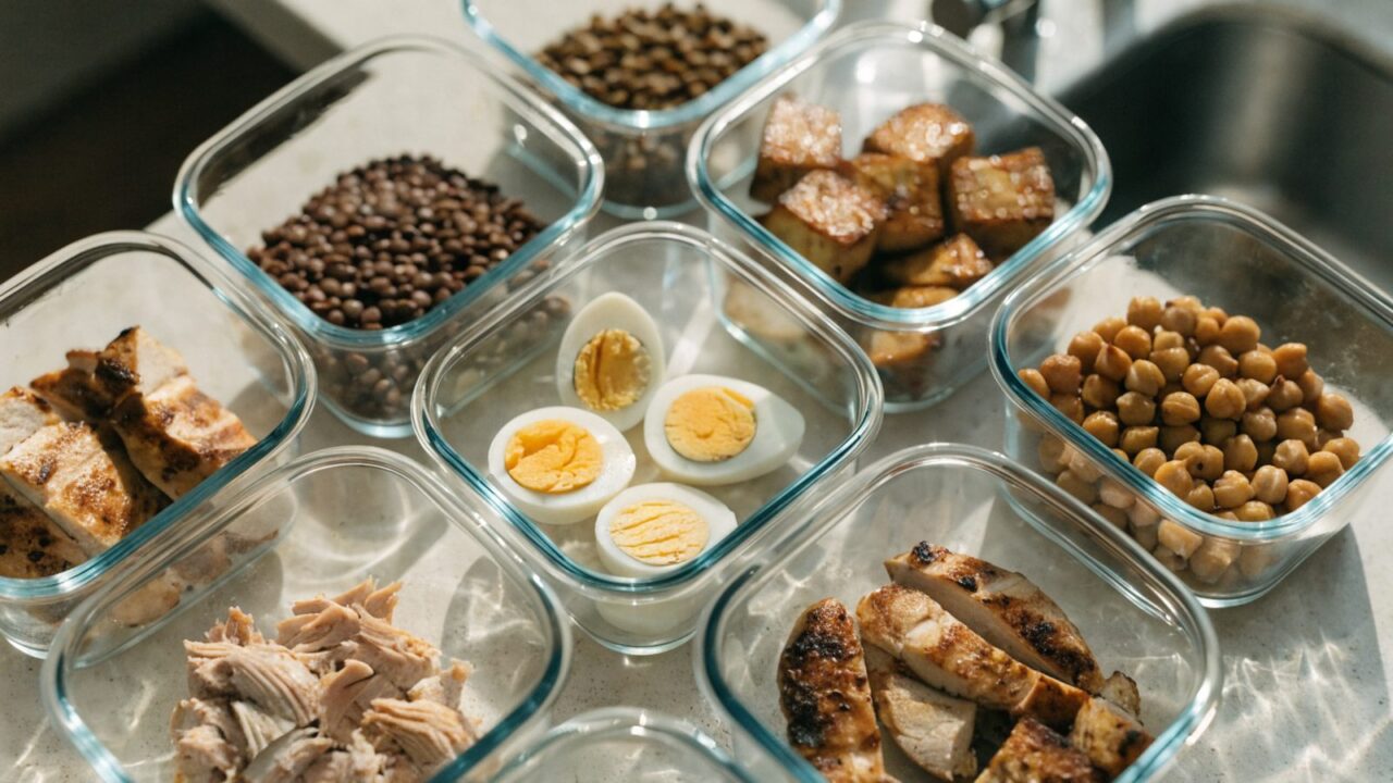 Variedad de bases proteicas cocinadas para batch cooking en recipientes