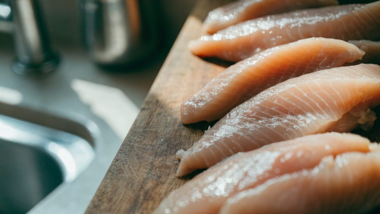Raw chicken breast fillets on a wooden cutting board