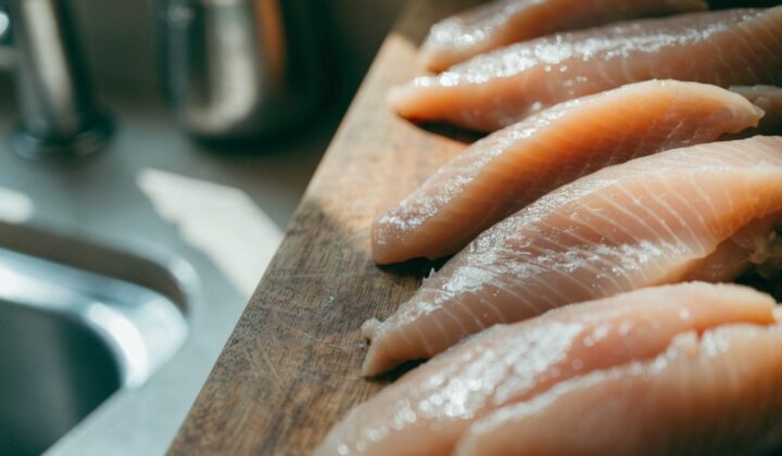 Raw chicken breast fillets on a wooden cutting board