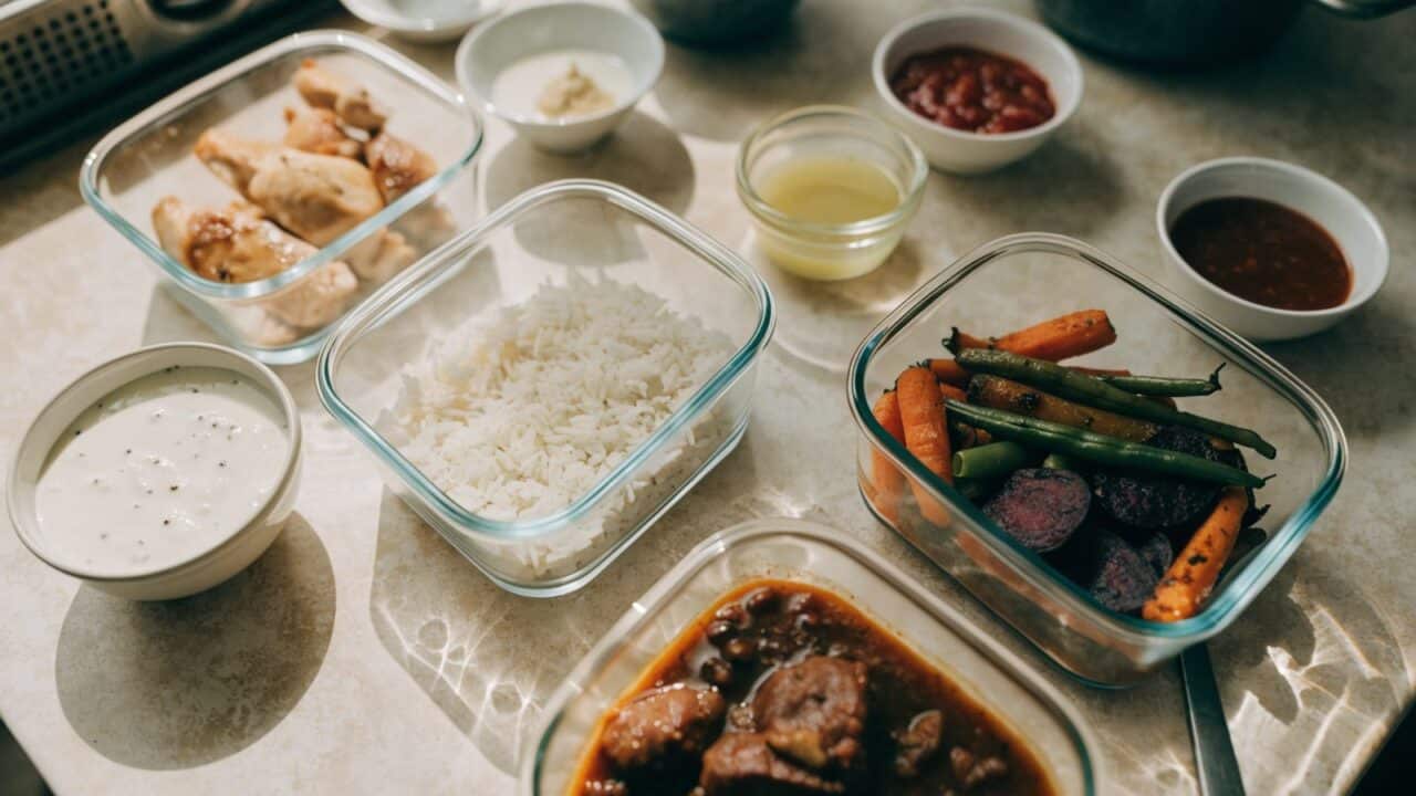 Bases and sauces for batch cooking recipes: containers of chicken, rice and vegetables with bowls of yogurt sauce, vinaigrette and tomato sauce