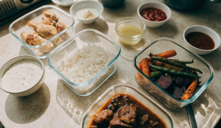 Bases and sauces for batch cooking recipes: containers of chicken, rice and vegetables with bowls of yogurt sauce, vinaigrette and tomato sauce