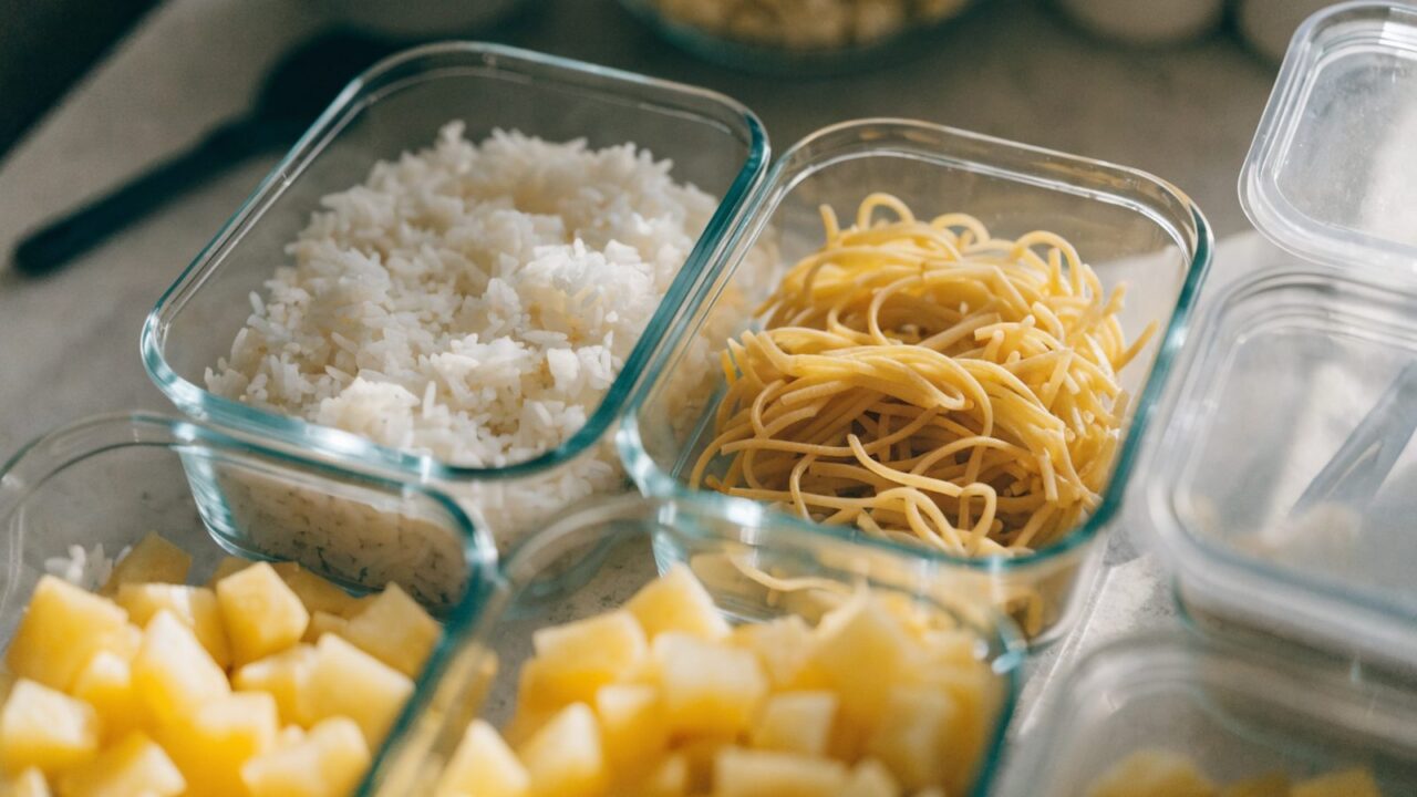 Cooked rice, pasta, and potatoes in meal-prep containers ready for batch cooking
