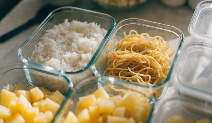 Cooked rice, pasta, and potatoes in meal-prep containers ready for batch cooking