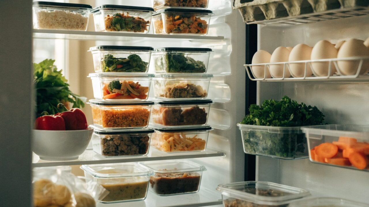 Refrigerator shelves organized with airtight meal-prep containers for food storage
