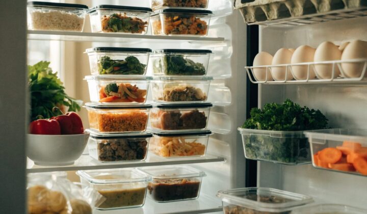 Refrigerator shelves organized with airtight meal-prep containers for food storage