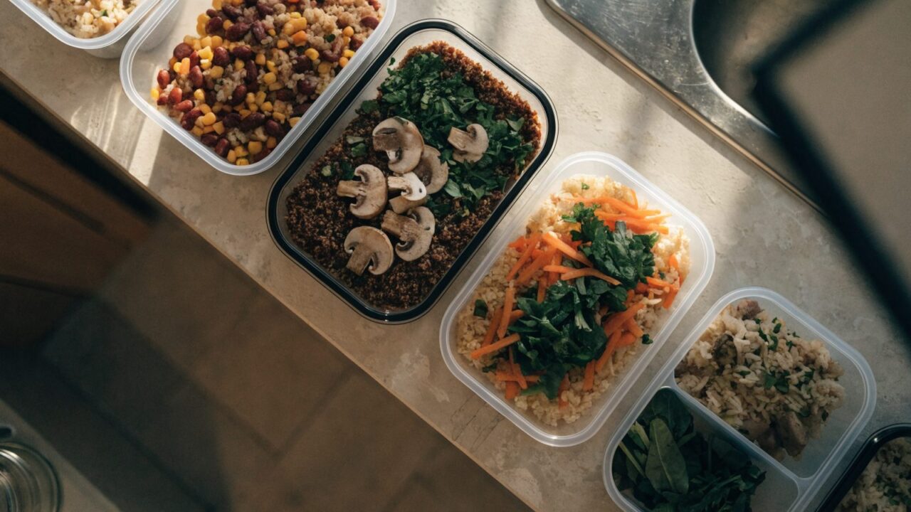 Meal-prep storage containers organized with prepared meals, top-down view
