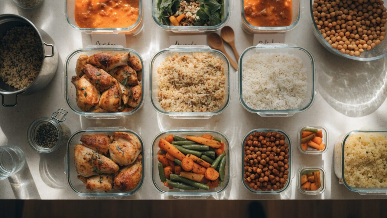 Weekly batch cooking menu laid out in organized meal-prep containers