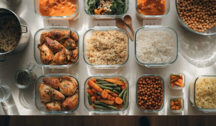 Weekly batch cooking menu laid out in organized meal-prep containers