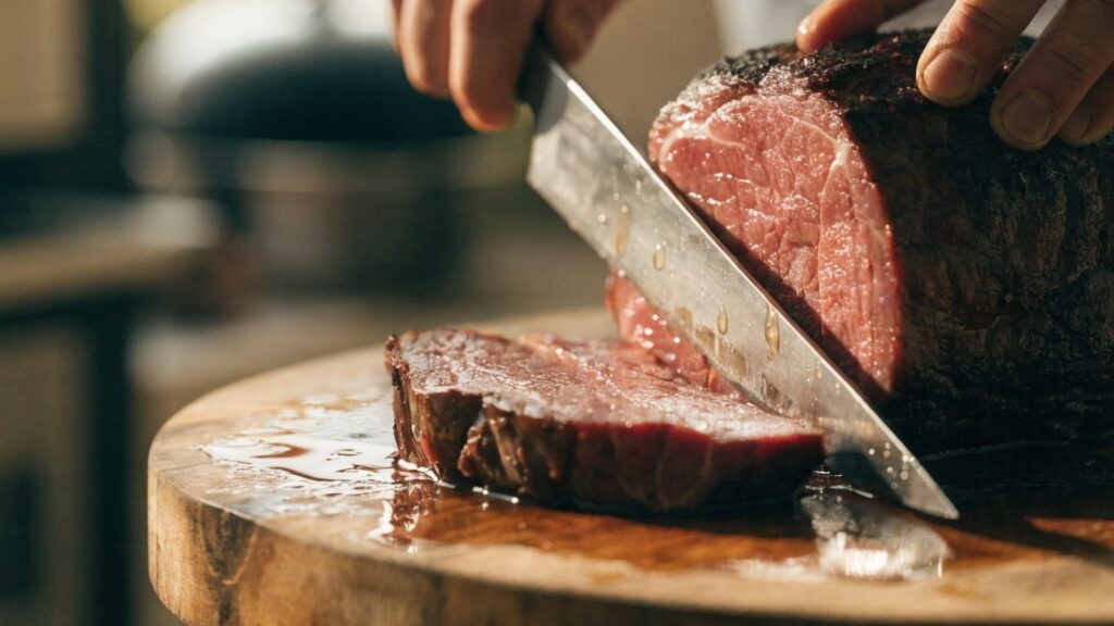 A beef roast resting on a cutting board being sliced